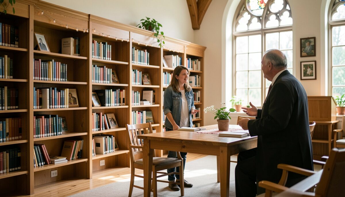 A welcoming church library interior with wooden shelves and a volunteer talking with a pastor near a table.