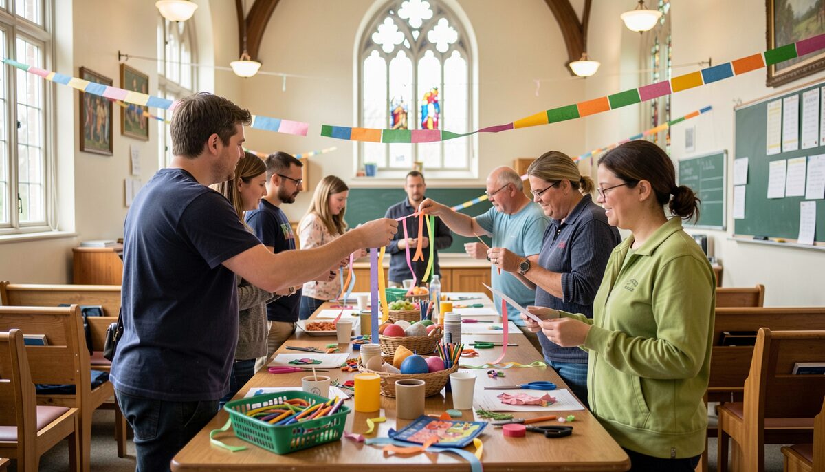 A group of volunteers decorating a church classroom with paper streamers and craft materials together.