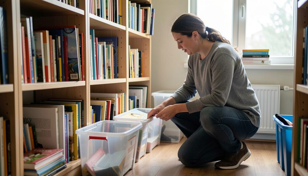 A volunteer kneeling beside low shelves of books and plastic bins while browsing a collection in daylight