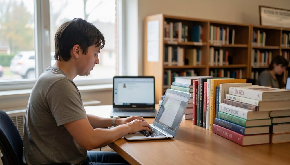 A volunteer typing at a laptop with a blurred screen beside neat stacks of books on a library desk