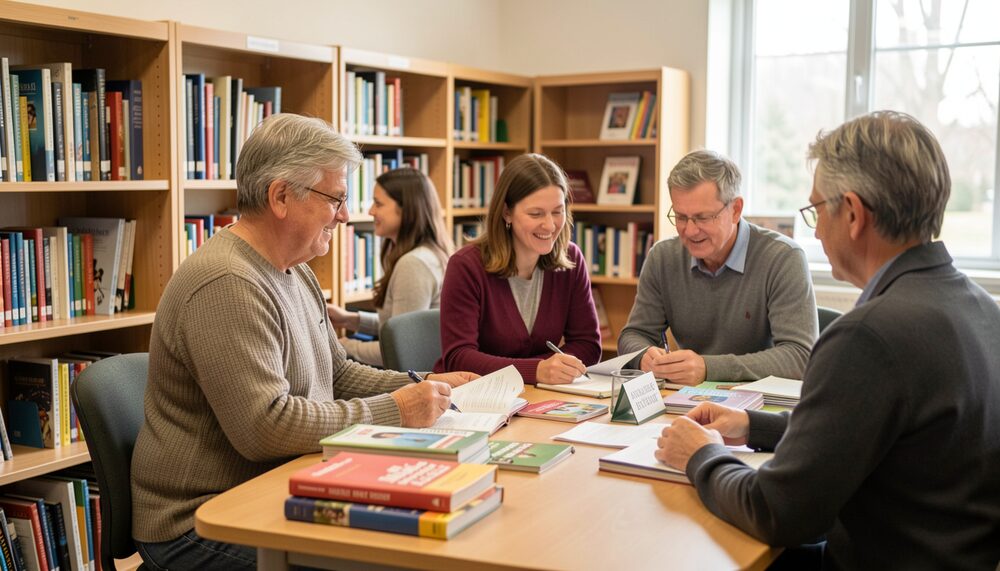 Church volunteers sorting study books and papers at a library table