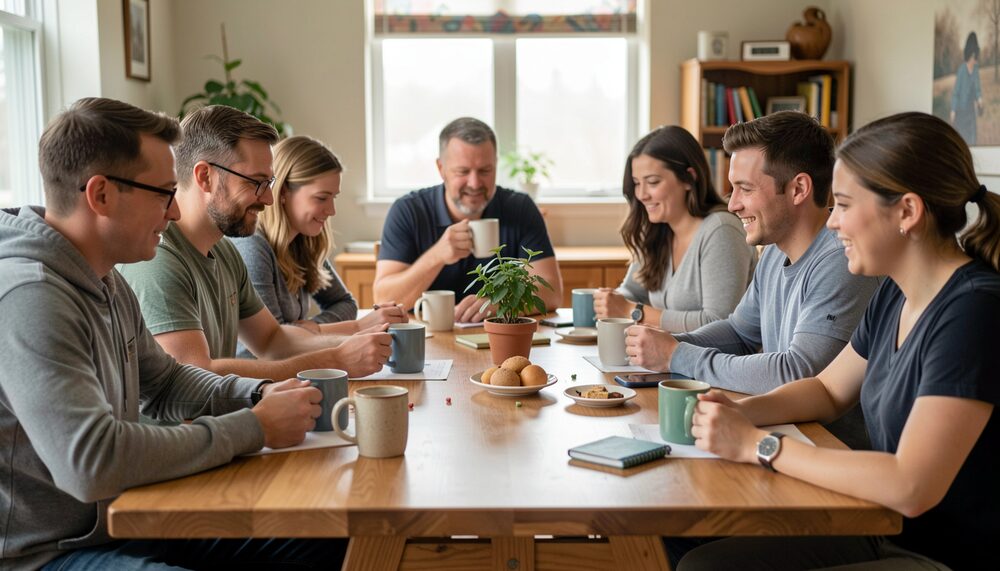 Church volunteers gathered around a table with coffee mugs planning activities together