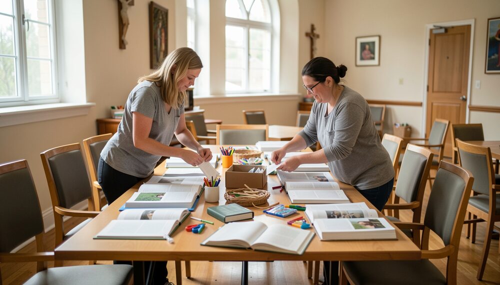 A bright church meeting room table covered with open books and craft supplies while two volunteers sort materials