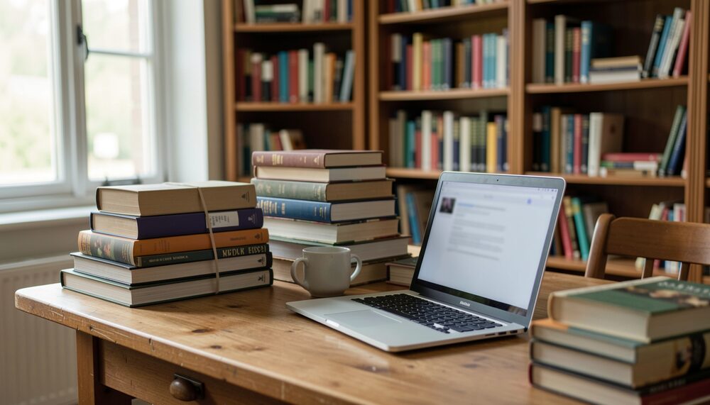 A librarian working at a wooden desk beside stacks of books with a laptop showing a blurred screen