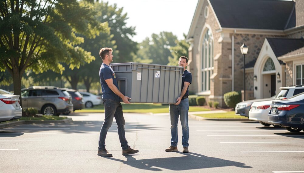 Two volunteers carrying a large storage bin together across a church parking lot on a sunny morning