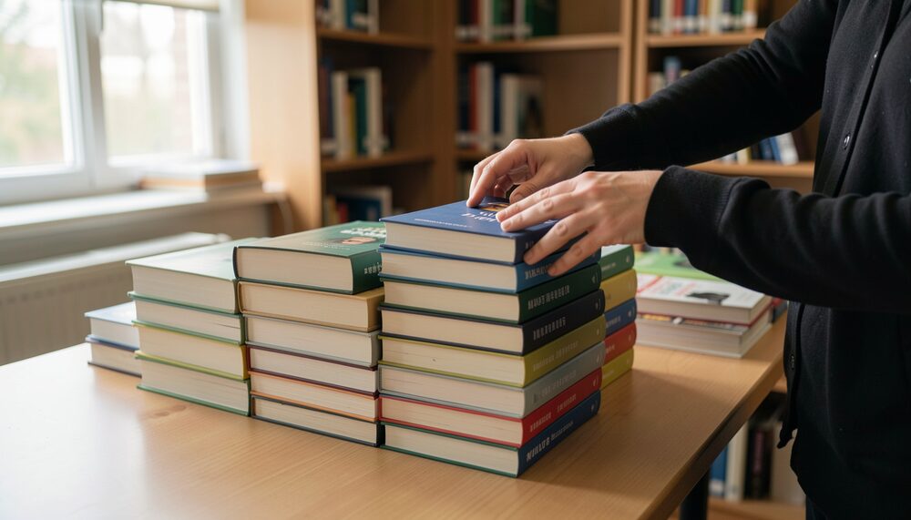 Hands sorting a pile of books into neat stacks on a library table in soft window light