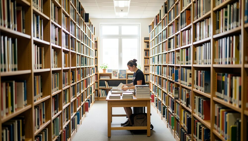 Narrow library aisles with tall shelves and a small desk where a volunteer organizes materials