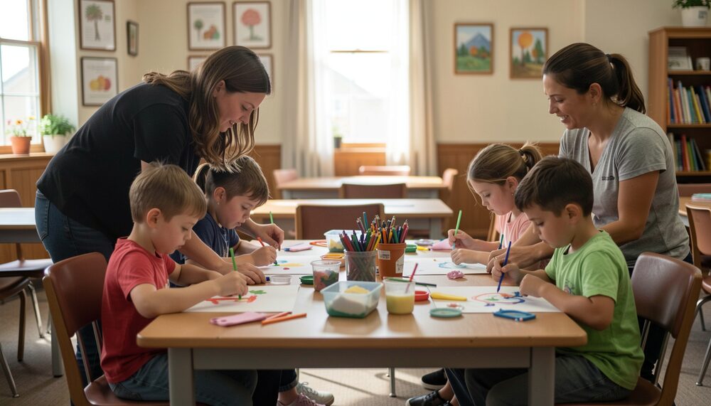 Children painting simple crafts at a table while adult volunteers help them in a church classroom
